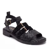 Sandalias de plataforma baja con múltiples tiras frontales y tobillera ajustable con hebilla, combinando tonos marrón, beige y texturas estampadas.