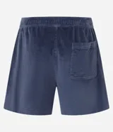 Bermuda runner de terciopelo color gris topo, con cintura elástica, cordón ajustable y bolsillos laterales.