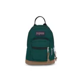 Mochila Jansport modelo Right Pack Mini, color verde oscuro con base marrón de gamuza, asa de mano negra y tirantes acolchados ajustables. Cuenta con un compartimento principal con cierre, un bolsillo frontal con cierre y dos bolsillos laterales sin cierre.