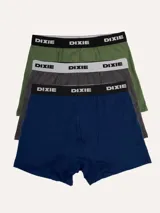 Pack de tres bóxers de algodón en colores verde militar, gris melange y azul marino, con cintura elástica con el logo de la marca en contraste.
