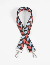 Correa de poliéster para cartera con estampado geométrico de rombos en marrón, celeste y salmón.