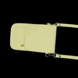 Bandolera tipo portacelular color amarillo pastel, con porta documentos incorporado y correa regulable.