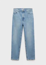 Jeans de corte mom-fit con tiro alto, confeccionados en tejido de algodón estilo vaquero. Presentan cierre frontal con cremallera y botón, trabillas para cinturón y diseño clásico de cinco bolsillos.