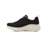 Championes deportivos Skechers modelo Fashion Fit 2.0 Moonlight Glow, de color negro con detalles en rosado y suela blanca. Cuentan con capellada de tejido técnico con acabado metálico, cordones negros y tecnología Memory Foam en la plantilla para mayor comodidad.