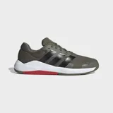 Championes de entrenamiento Adidas Dropset Base, color verde oliva con las tres tiras laterales en negro. Presentan una mediasuela blanca con detalle en rojo en la parte inferior y suela de caucho.