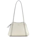 Cartera Guess modelo Xena, color blanco crema, de diseño estructurado en material sintético con efecto texturizado y herrajes metálicos dorados. Cuenta con doble asa de hombro y el logo de la marca en la parte frontal.