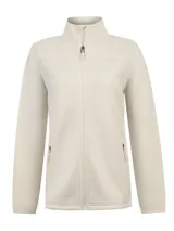 Campera polar de mujer RKF modelo Amber, color beige, con cuello alto, cierre frontal completo y bolsillos laterales con cierre.