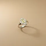 Anillo tipo sello con base de plata 925 y placa central rectangular de oro 18k con el símbolo del caduceo grabado. Presenta detalles dorados en los laterales de la banda.