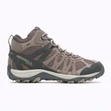 Bota de senderismo Merrell modelo Accentor 3 Mid WP, diseñada con una combinación de piel de ante y malla transpirable. Cuenta con puntera protectora de goma, sistema de cierre con cordones y suela con tacos profundos para mayor tracción en terrenos irregulares.