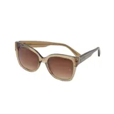 Lentes de sol con armazón de acetato en tono habano traslúcido y cristales degradados en color marrón. Presentan un diseño de estilo cat-eye redondeado con detalle de logo metálico en las patillas.