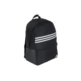 Mochila Adidas negra con tres rayas horizontales blancas en la parte superior y logo de Adidas en la parte inferior. Incluye un estuche pequeño con cierre y logo de Adidas.