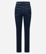 Pantalón de jean de corte slim, color azul oscuro, con trabillas en la cintura, cierre por botón y cremallera, bolsillos y aberturas en los bajos.