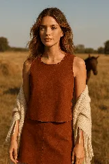 Top corto color marrón de cuero, sin mangas, con costuras a la vista y botones a los costados.