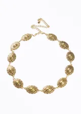 Cinto dorado de metal con eslabones de cadena y apliques ovalados con diseño vintage.