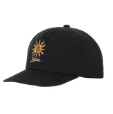 Gorra negra de cinco paneles con visera curva, confeccionada en sarga de algodón. Presenta un diseño sin estructura de media copa y un bordado frontal que muestra un sol y la palabra 'Katin'.