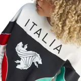 Buzo de algodón color crema con bloques de color en el pecho y mangas. El diseño central es negro con un gráfico estilizado de un león en blanco y la palabra "ITALIA" arriba. Los bloques laterales son rojo y verde, simulando la bandera italiana. Presenta un parche con el texto "ITALIAN WORLD CUP" en la manga izquierda.