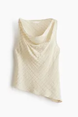 Top sin mangas de mezcla de viscosa en color beige claro, con sutiles rayas verticales oscuras, escote drapeado y dobladillo asimétrico.