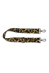Correa de tela para cartera con estampado animal print de leopardo en tonos marrón y negro, con herrajes metálicos plateados.