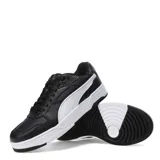 Championes Puma Rebound Break de estilo urbano inspirado en el básquet retro. Presentan una capellada de material sintético en color negro con la icónica franja lateral de Puma en blanco y una suela de goma blanca con detalles en negro.