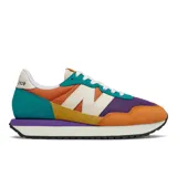 Championes New Balance modelo 237 para mujer, con diseño retro y combinación de colores vibrantes: naranja, morado, verde azulado, amarillo mostaza y detalles en blanco crema. Presentan una suela sobredimensionada y el logo 'N' en blanco.