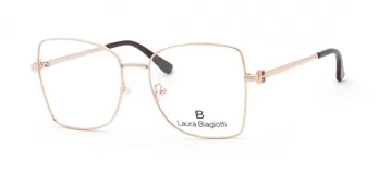 Anteojos de receta Laura Biagiotti con marco metálico de color oro rosa, diseño cuadrado de estilo moderno y patillas finas con detalle de logo.