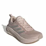 Championes de running Adidas Supernova Ease 2 para mujer, color rosado pálido con detalles en gris y coral. Presentan una malla texturizada en el upper, las tres franjas características en gris con borde coral, y una suela gruesa con tecnología Dreamstrike.