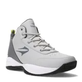 Championes deportivos Topper modelo Candun CS de caña media, color gris con detalles en gris oscuro y suela blanca con base negra. Presentan cierre con cordones, logo de la marca en el lateral y lengüeta, y una presilla trasera en color amarillo neón.