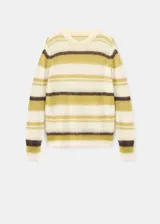 Jersey de punto fino semitransparente con mezcla de alpaca, cuello redondo, diseño recto y mangas largas, con patrón de rayas horizontales en tonos beige, verde oliva y marrón oscuro.