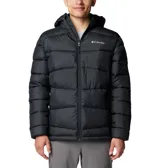 Campera puffer Columbia con capucha, color negro, con cierre frontal completo y bolsillos laterales con cremallera. Cuenta con tecnología Omni-HEAT de reflectividad térmica y aislamiento Thermarator.