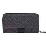 Billetera Guess modelo Isabella, color negro con estampado de monograma de la marca. Presenta una franja vertical central en material liso con placa metálica dorada que incluye el logo de la marca. Cuenta con cierre perimetral y diseño funcional con compartimentos internos.
