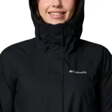 Campera impermeable larga Columbia modelo Hikebound II, de color negro, con capucha ajustable, cierre frontal con solapa, cintura ajustable con cordón y bolsillos laterales con cierre.
