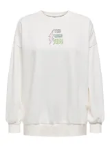 Buzo blanco de algodón y poliéster con cuello redondo y hombros caídos. Presenta un estampado grande en la espalda con un leopardo sentado y el texto "TAKE A WALK ON THE WILD SIDE" en tonos rosa, verde lima y plateado.