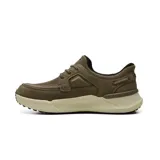 Zapatos casuales Skechers modelo Slip-ins Relaxed Fit Toliver - Vito, color verde militar con suela y entresuela en tono beige claro. Confeccionados con tejido de punto técnico y material sintético, cuentan con cordones elásticos fijos y detalles acolchados.