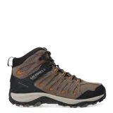 Botas de trekking Merrell de caña media, confeccionadas en una combinación de gamuza y malla técnica. Presentan refuerzos en puntera y laterales, cordones con detalles en naranja y suela de goma con relieve para mayor tracción.