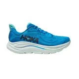 Championes de running Hoka Clifton 10, color azul vibrante con suela blanca y detalles en verde claro. Presentan un diseño de malla transpirable, amortiguación de alto rendimiento y el logo de la marca en el lateral.