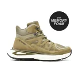 Bota de trekking Hi-Tec color marrón con detalles en beige y verde oliva.