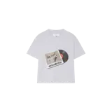Remera oversize gris melange de manga corta y cuello redondo, con estampado frontal gráfico que simula un disco de vinilo y su portada con la inscripción "emestudios".