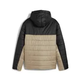 Campera acolchada Puma con capucha, diseño bicolor en negro y beige, cierre frontal completo y logo de la marca estampado en el pecho.