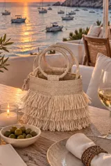 Bolso artesanal de rafia color beige, con diseño estructurado, asas redondas rígidas y múltiples capas de flecos colgantes en la parte inferior.
