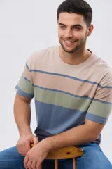 Remera de manga corta y cuello redondo, con diseño de bloques de color y franjas horizontales en tonos azul, celeste y gris, con pequeño logo bordado en el pecho.