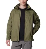 Campera impermeable Columbia modelo Glennaker Lake Jkt Omni-Shield, color verde militar, con cierre frontal, capucha ajustable que se guarda en el cuello, bolsillos con cremallera y puños ajustables con velcro.