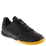 Championes de fútbol sala Topper modelo San Ciro V IN, color negro con suela de goma color caramelo. Presentan un diseño ergonómico con costuras reforzadas en la puntera y el logo de la marca en el lateral.