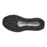 Championes de trail running Salomon Vision color gris oscuro, con detalles en rojo en los cordones, suela blanca y amortiguación texturizada.
