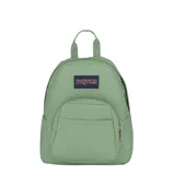 Mochila Jansport modelo Half Pint de color verde claro, de diseño compacto, un compartimento principal y un bolsillo frontal con cierre.