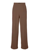 Pantalón wide leg de tiro alto y corte amplio color marrón, confeccionado en tejido interlock con pinzas frontales.