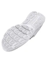 Championes de running Under Armour modelo Charged Escape 4, color blanco con detalles en gris claro. Presentan parte superior de malla técnica transpirable, contrafuerte externo en el talón para mayor sujeción y mediasuela con tecnología Charged Cushioning para una amortiguación óptima.