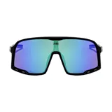 Lentes de sol deportivos modelo Aerial, con armazón negro y lentes espejados de tonalidad azul y verde, de diseño envolvente y formato grande.