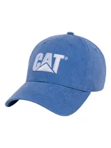 Gorro visera curva Caterpillar de color azul, con efecto teñido en pigmento y bordado en alta densidad con el logotipo de la marca en el frente.