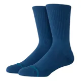Par de medias azul marino de caña media con logo de la marca en el tobillo y puntera reforzada en celeste.