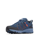 Championes de senderismo Columbia modelo Peakfreak II OutDry, color azul con detalles en naranja y gris oscuro. Presentan una construcción de malla sin costuras con tecnología impermeable OutDry, sistema de ajuste Navic Fit, entresuela TechLite+ para amortiguación y suela Adapt Trax para tracción en diversos terrenos.